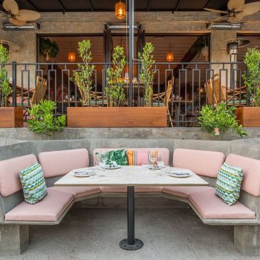 restaurant patio with unique booth design