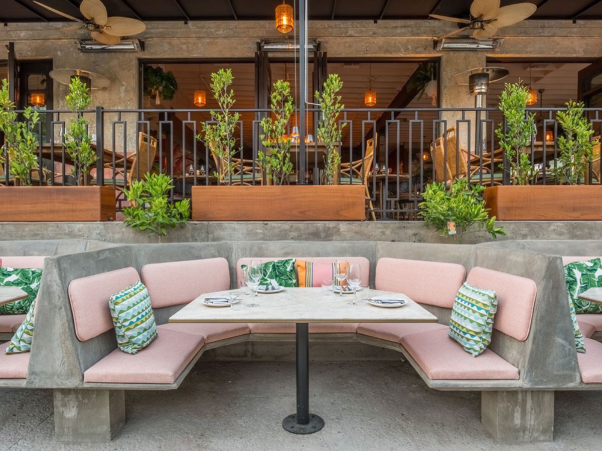 restaurant patio with unique booth design
