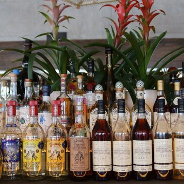 tropical deco bar with liquor bottles